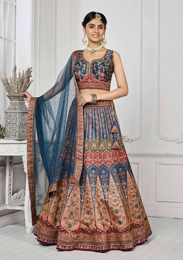 Blue Digital Print Silk Blend Lehenga Set - Indya