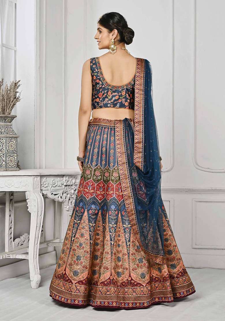 Blue Digital Print Silk Blend Lehenga Set - Indya