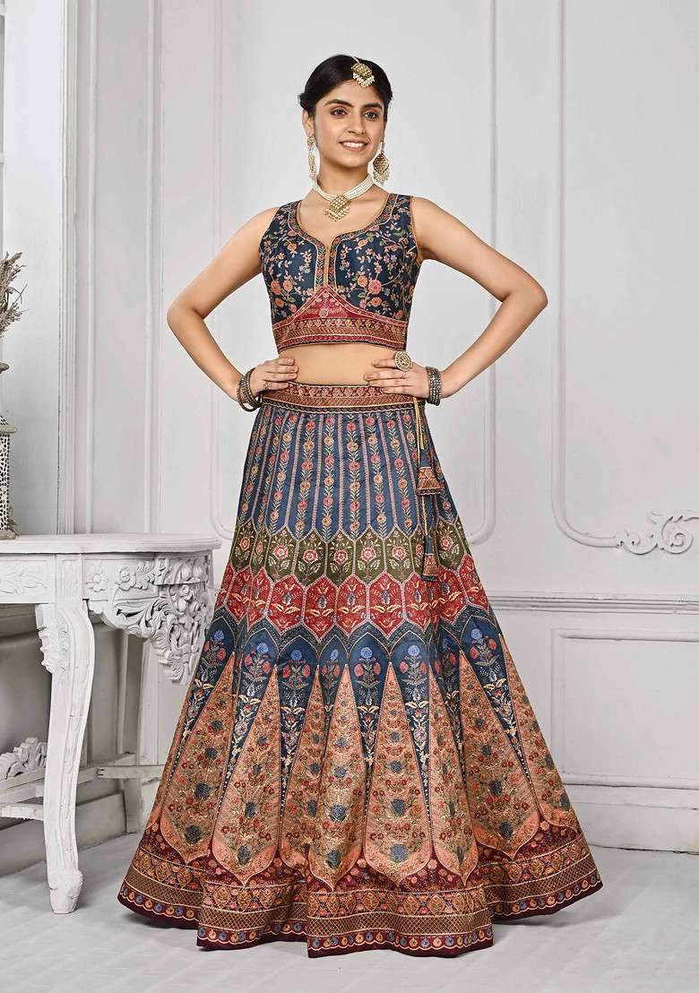 Blue Digital Print Silk Blend Lehenga Set - Indya