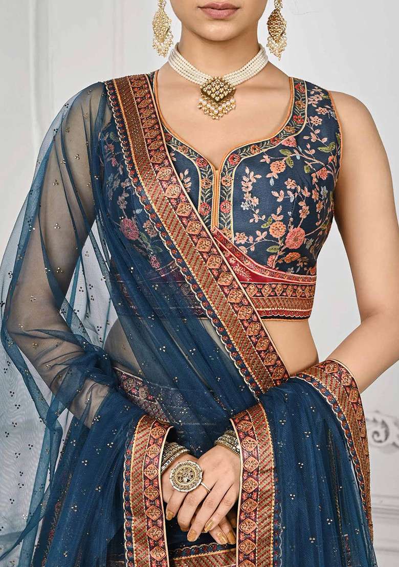 Blue Digital Print Silk Blend Lehenga Set - Indya