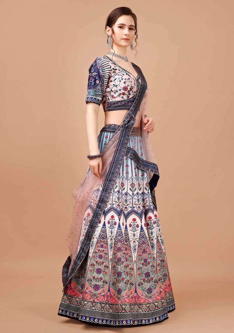 Blue Digital Print Silk Blend Lehenga Set - Indya