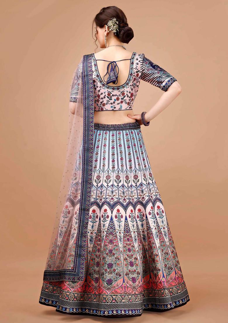 Blue Digital Print Silk Blend Lehenga Set - Indya