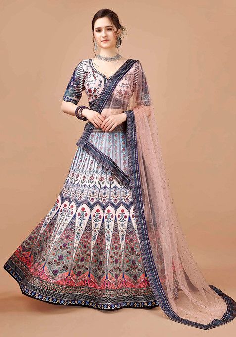 Blue Digital Print Silk Blend Lehenga Set