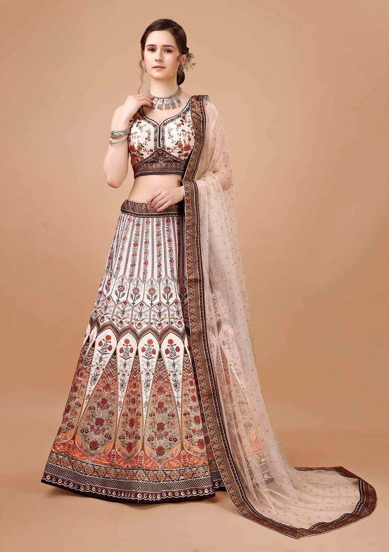 Brown Digital Print Silk Blend Lehenga Set - Indya