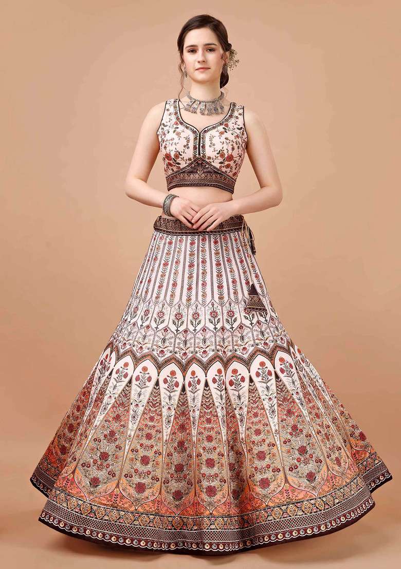 Brown Digital Print Silk Blend Lehenga Set - Indya
