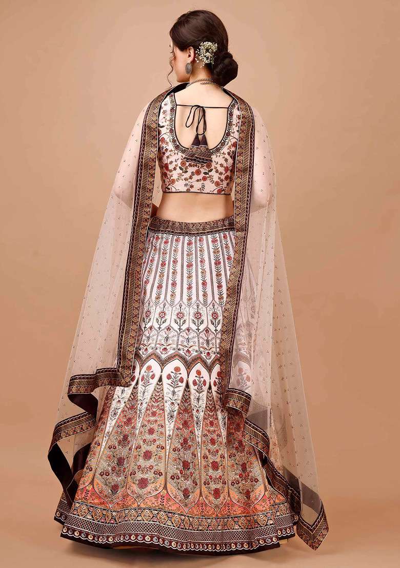 Brown Digital Print Silk Blend Lehenga Set - Indya