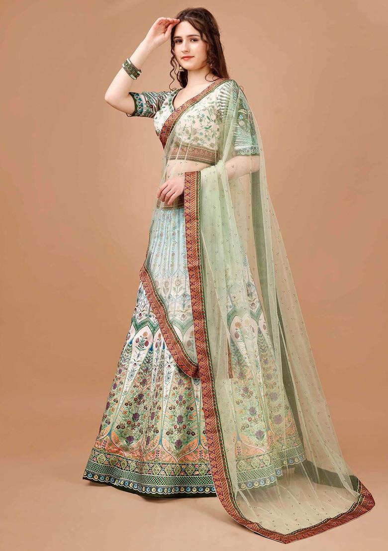 Green Digital Print Silk Blend Lehenga Set