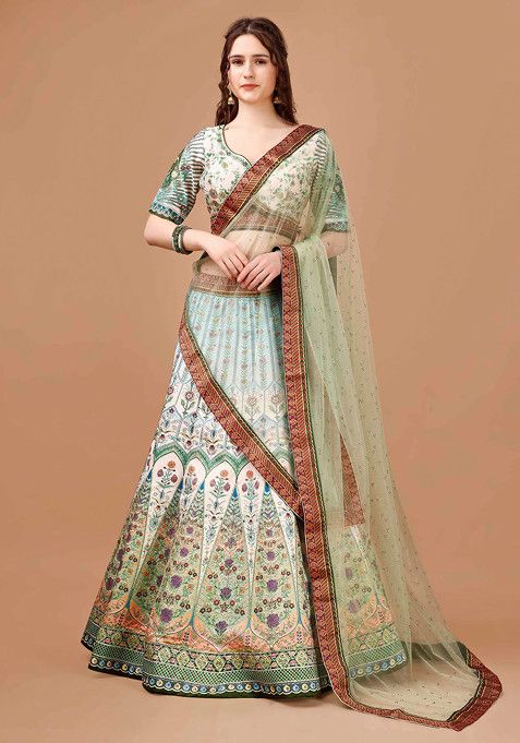 Green Digital Print Silk Blend Lehenga Set