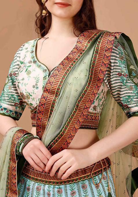 Green Digital Print Silk Blend Lehenga Set