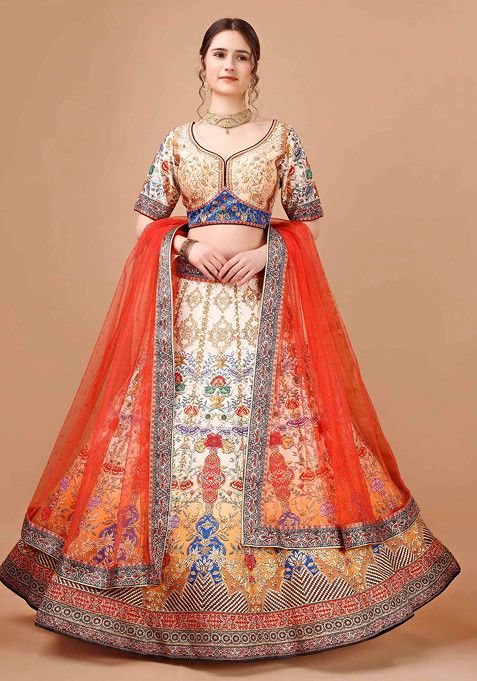 Multicolour Digital Print Silk Blend Lehenga Set