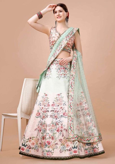 Multicolour Digital Print Silk Blend Lehenga Set