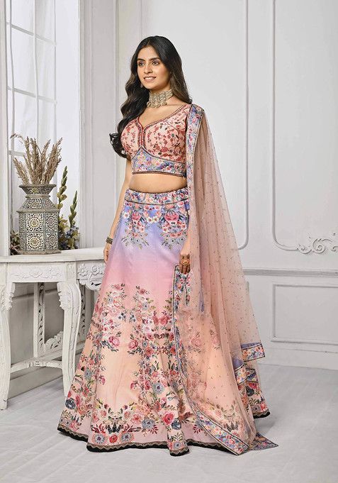 Multicolour Digital Print Silk Blend Lehenga Set