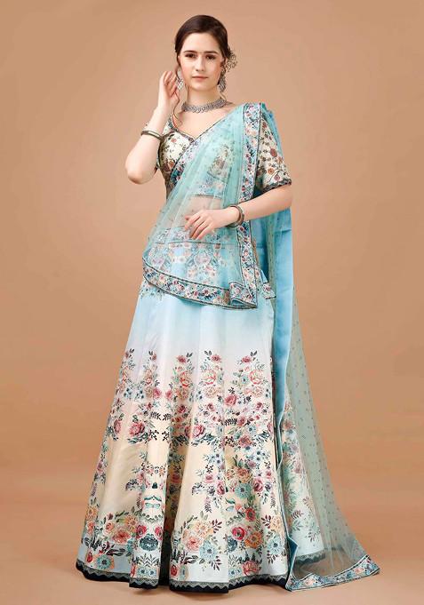 Blue Digital Print Silk Blend Lehenga Set