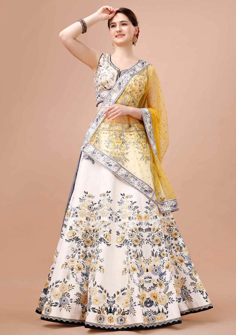 White Digital Print Silk Blend Lehenga Set