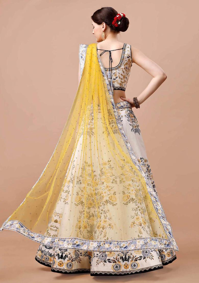 White Digital Print Silk Blend Lehenga Set