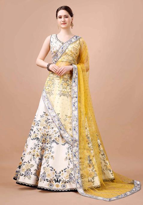 White Digital Print Silk Blend Lehenga Set