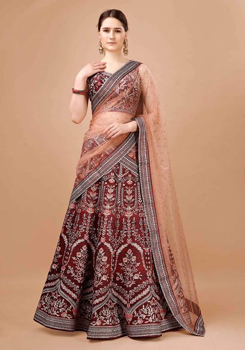 Maroon Digital Print Silk Blend Lehenga Set