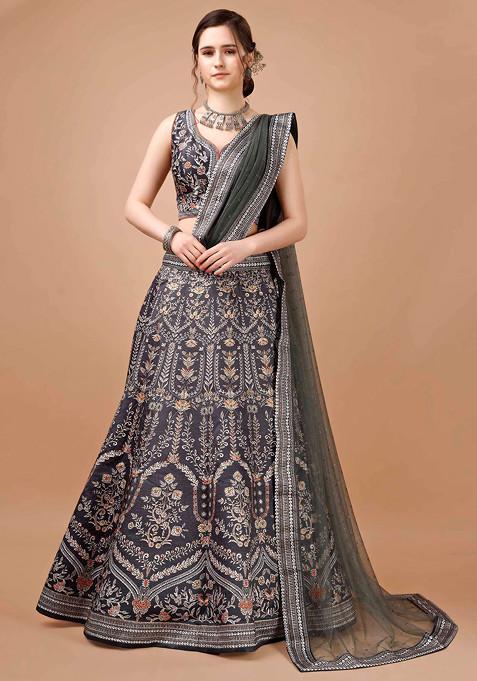 Grey Digital Print Silk Blend Lehenga Set