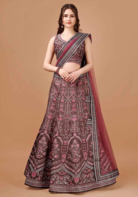 Maroon Digital Print Silk Blend Lehenga Set