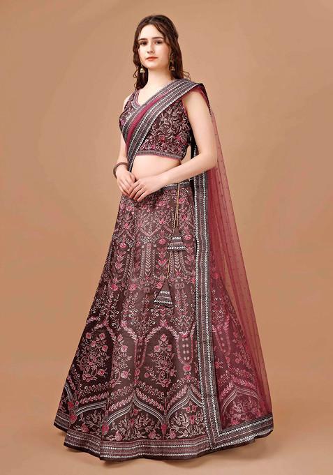 Maroon Digital Print Silk Blend Lehenga Set