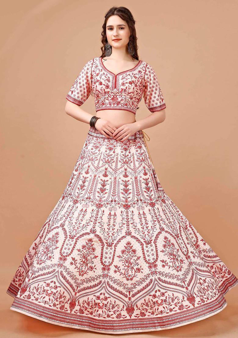 Red Digital Print Silk Blend Lehenga Set