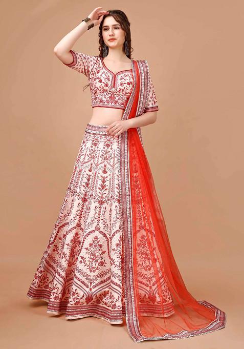 Red Digital Print Silk Blend Lehenga Set