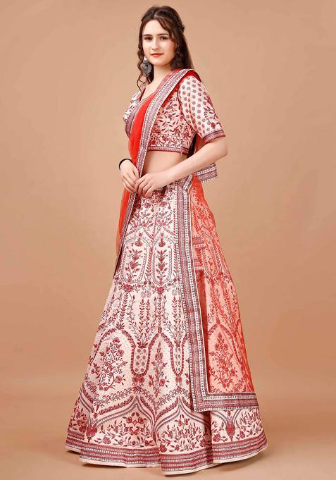 Red Digital Print Silk Blend Lehenga Set