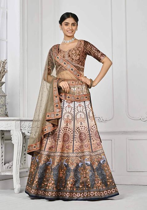 Brown Digital Print Silk Blend Lehenga Set