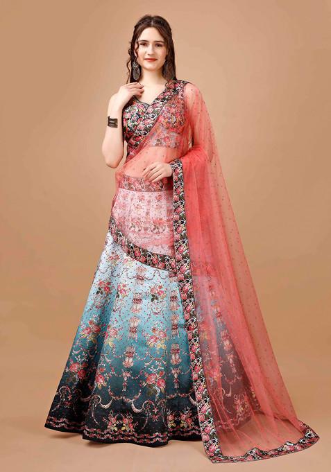 Multicolour Digital Print Silk Blend Lehenga Set