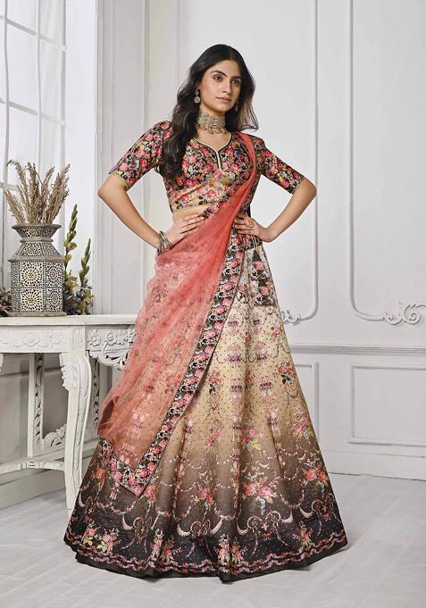 Brown Printed Silk Blend Lehenga Set