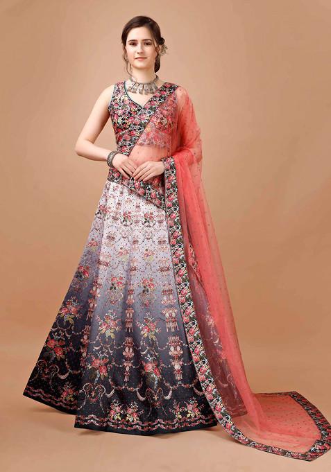 Grey Digital Print Silk Blend Lehenga Set