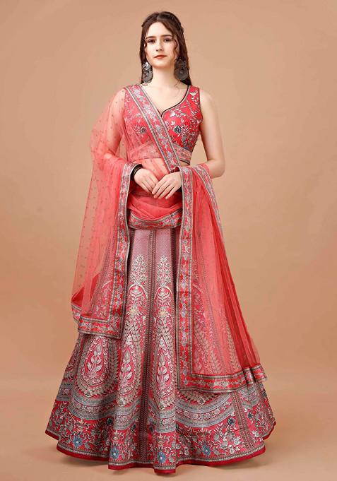 Red Digital Print Lehenga Set