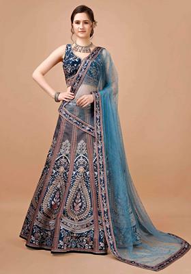 Blue Digital Print Silk Blend Lehenga Set