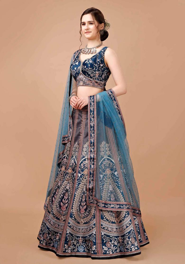Blue Digital Print Silk Blend Lehenga Set - Indya