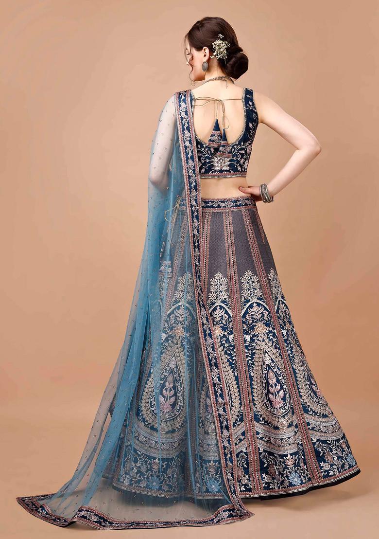 Blue Digital Print Silk Blend Lehenga Set - Indya