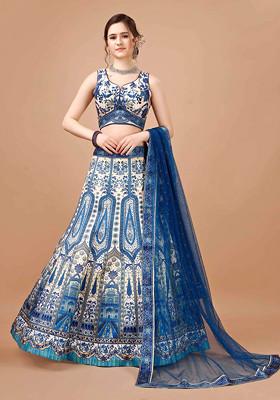 Blue Digital Print Silk Blend Lehenga Set