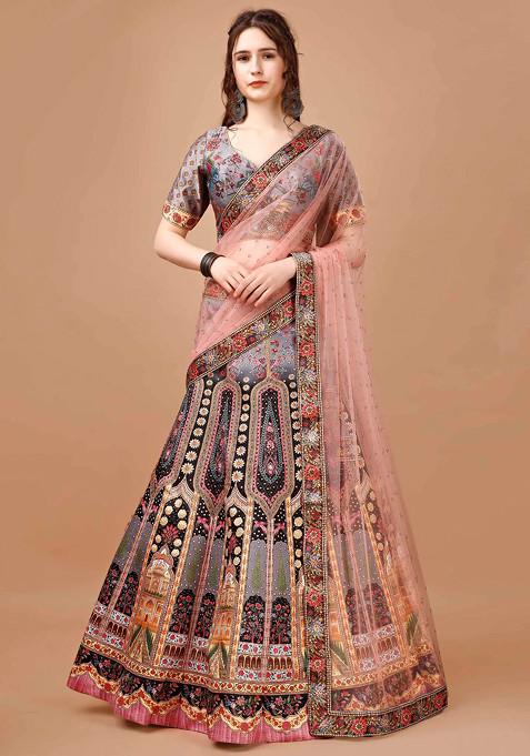 Grey Printed Lehenga Set