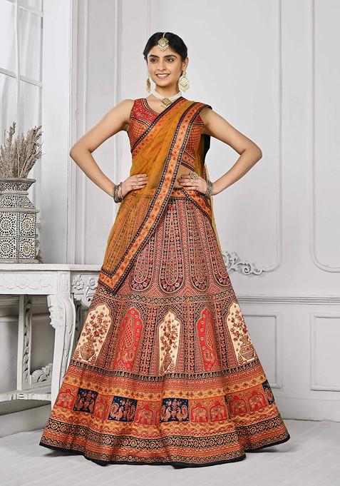 Multicolour Printed Silk Blend Lehenga Set