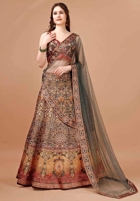 Brown Printed Lehenga Set