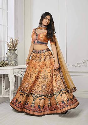 Peach Printed Silk Blend Lehenga Set