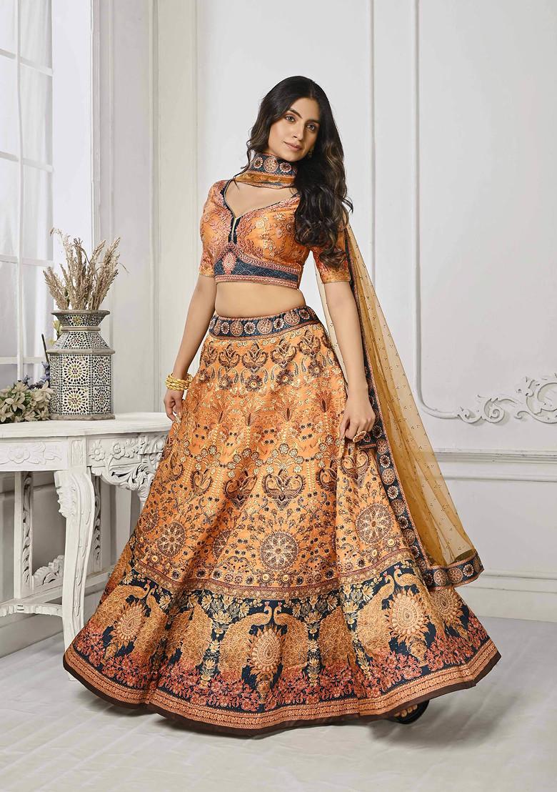 Peach Printed Silk Blend Lehenga Set