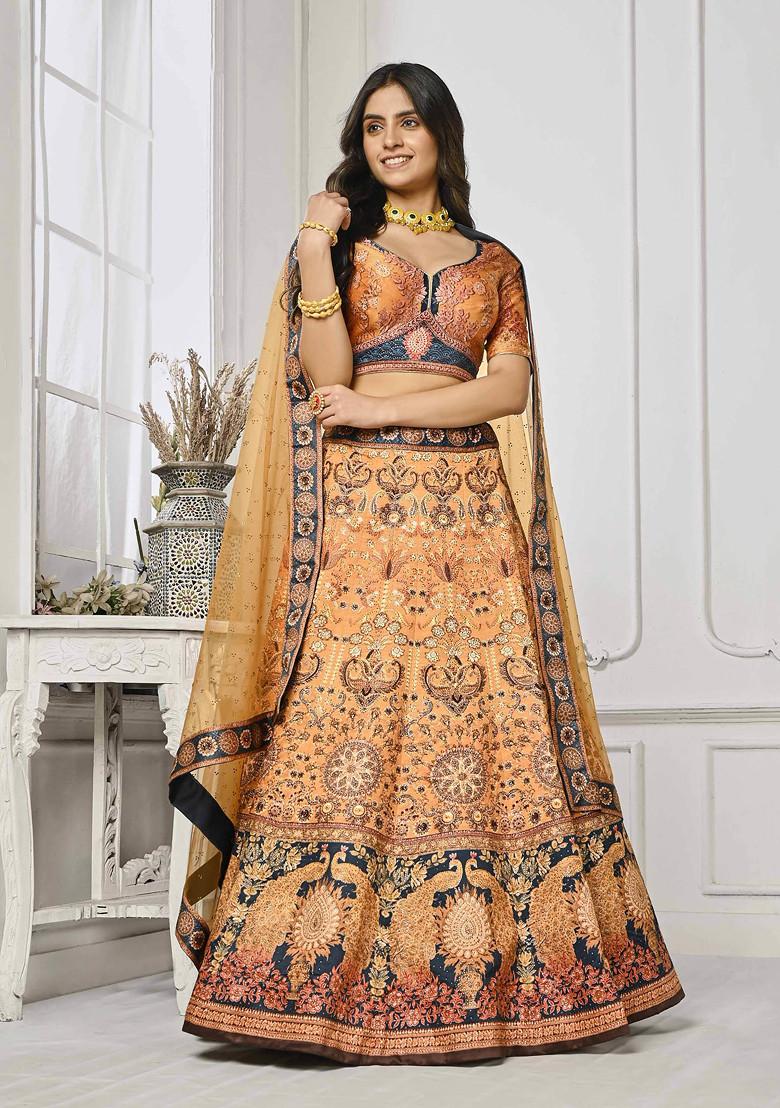 Peach Printed Silk Blend Lehenga Set