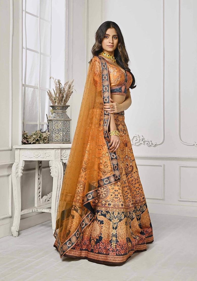 Peach Printed Silk Blend Lehenga Set