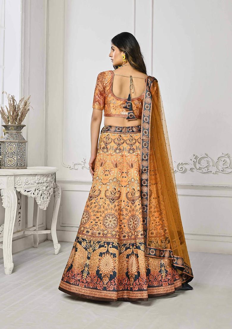 Peach Printed Silk Blend Lehenga Set
