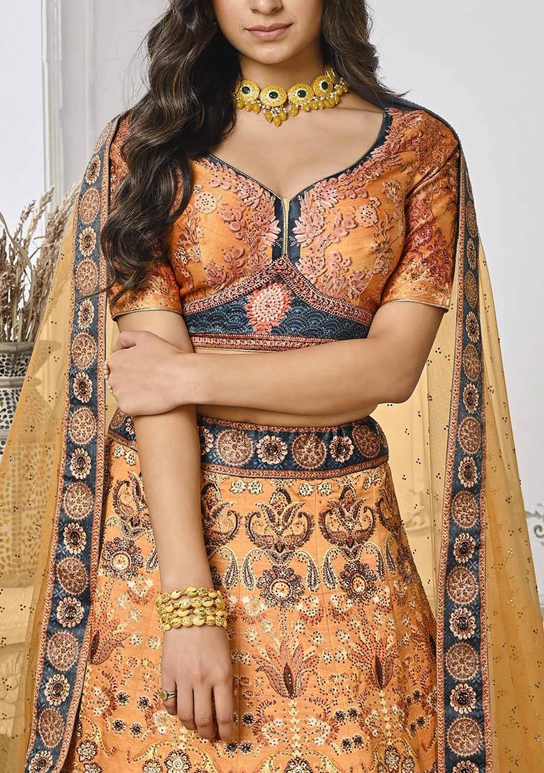 Peach Printed Silk Blend Lehenga Set