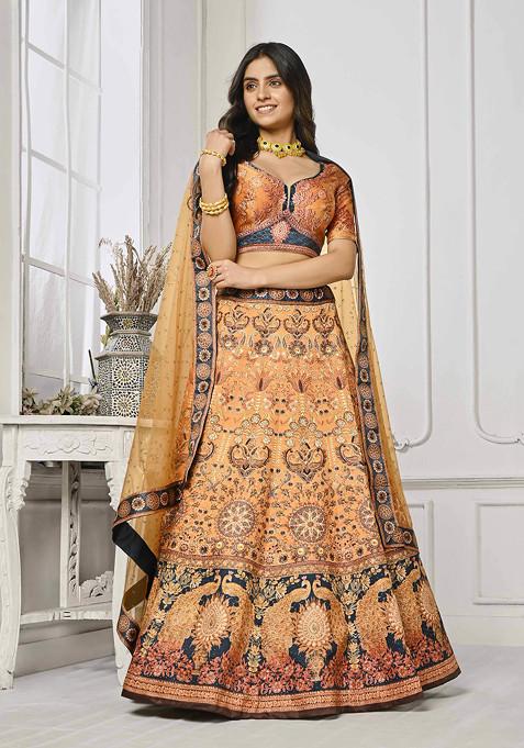 Peach Printed Silk Blend Lehenga Set