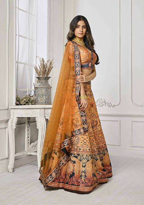 Peach Printed Silk Blend Lehenga Set