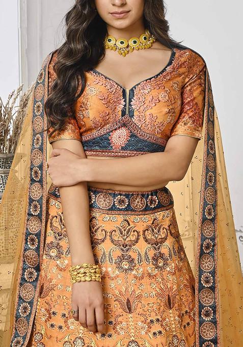 Peach Printed Silk Blend Lehenga Set