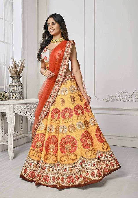 Yellow Printed Silk Blend Lehenga Set