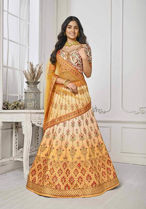 Yellow Printed Silk Blend Lehenga Set